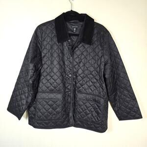 Eileen Fisher Jacket XL Black Recycled Nylon Diamond Quilted Corduroy Collar